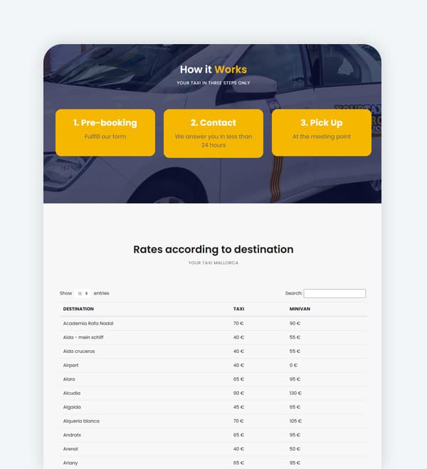 Página web con sistema de reservas para taxi